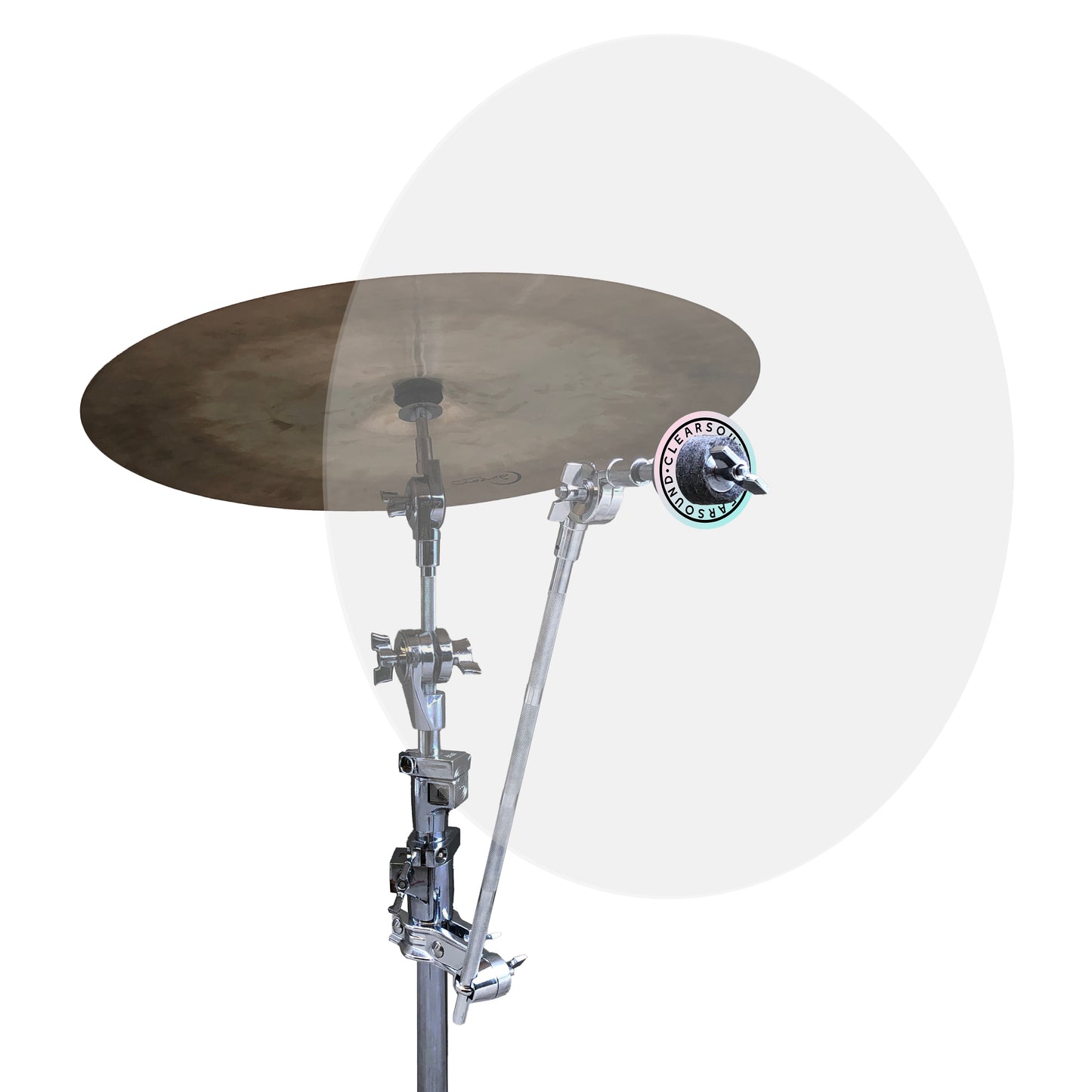 cymbal baffle stand with round cymbal shield on drum set