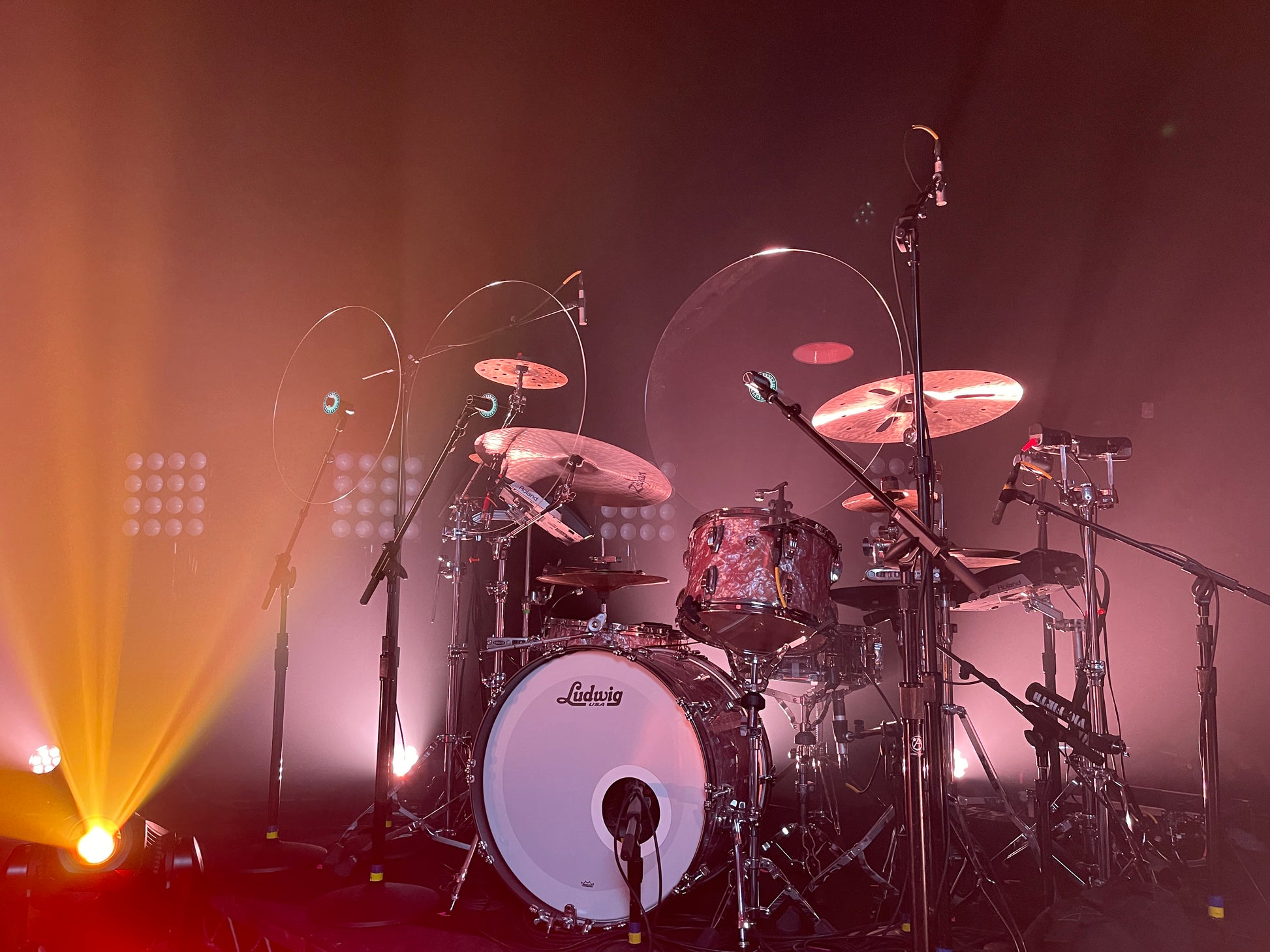 full drum set with cymbal baffles and shy baffle