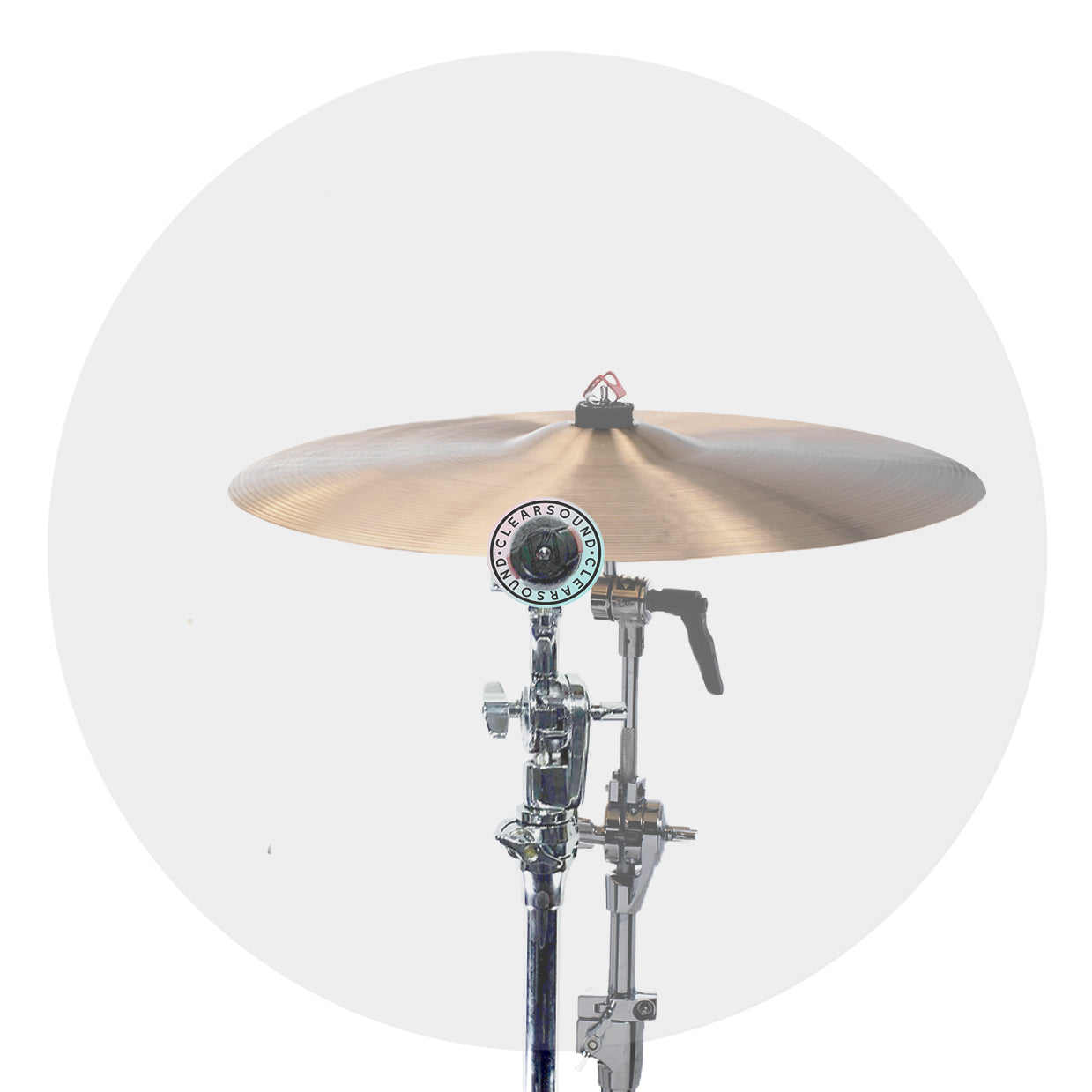 One Clear Cymbal Baffle on a Cymbal Stand on Drum Set.