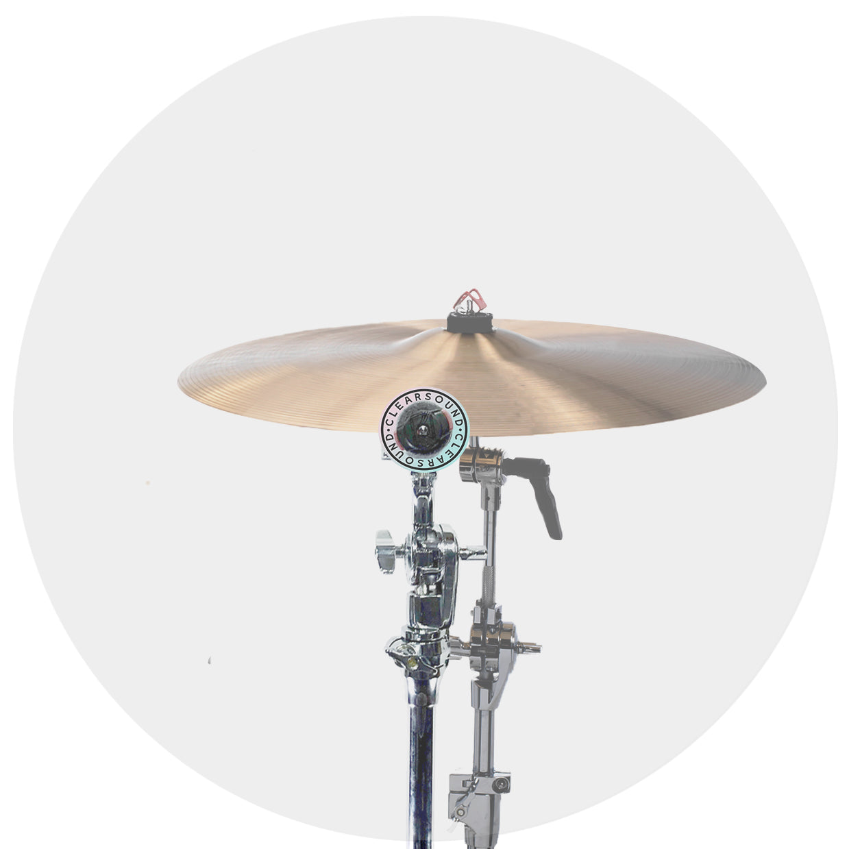 Large cymbal baffle on cymbal stand on drum kit